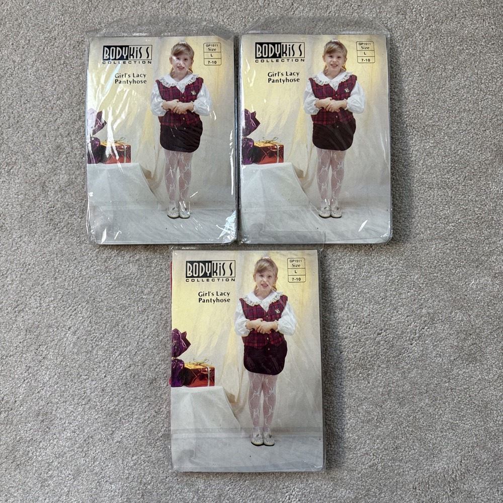 Lot of 3 Vintage Body Kiss Girls Lacy Pantyhose Nylon Size L 7-10 49-74 lbs - Picture 1 of 8